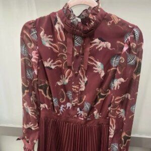 Burgundy Circus Elephant Print Pleated Chiffon A-Line Dress Ted baker